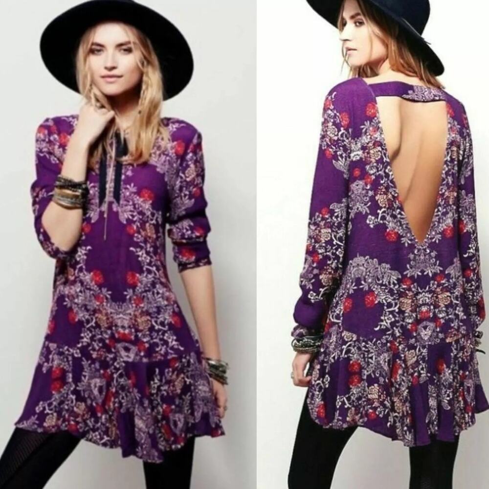 Free People Womens Dress Purple Smooth Talker Open V Beck Long Sleeve Tunic S